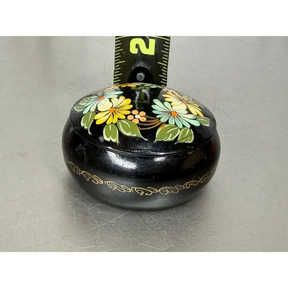 VTG Russian Black Round Metal Trinket Box Hand Painted Flowers Red Interior